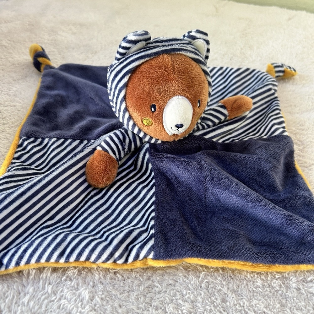 DOUDOU PLAT OURS MARRON BLEU JAUNE RAYÉ GEMO Security Blanket